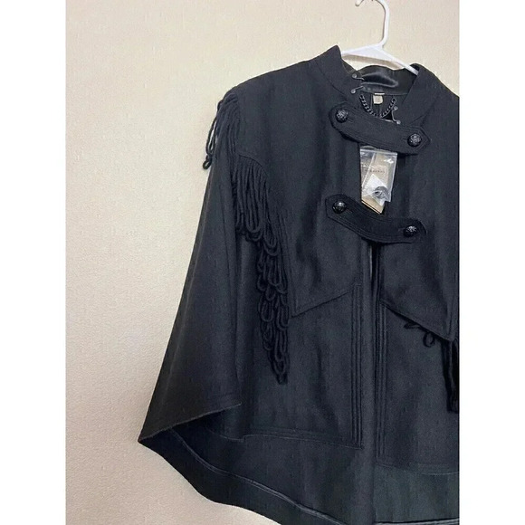 Burberry Raynefield Military Black Cape Womens Size S/M Wool Blend Fringe - Picture 4 of 16